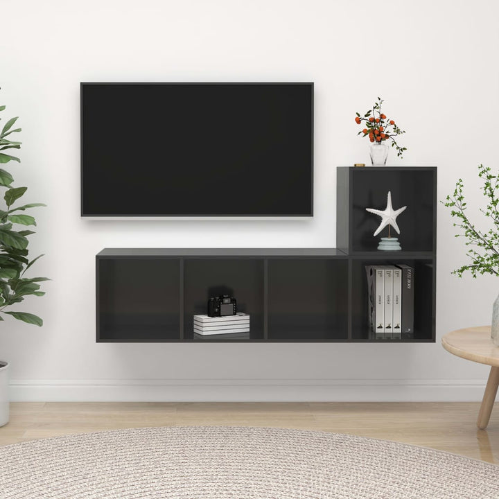 Set Dulapuri Tv, 2 Piese, Gri Extralucios, Lemn Prelucrat