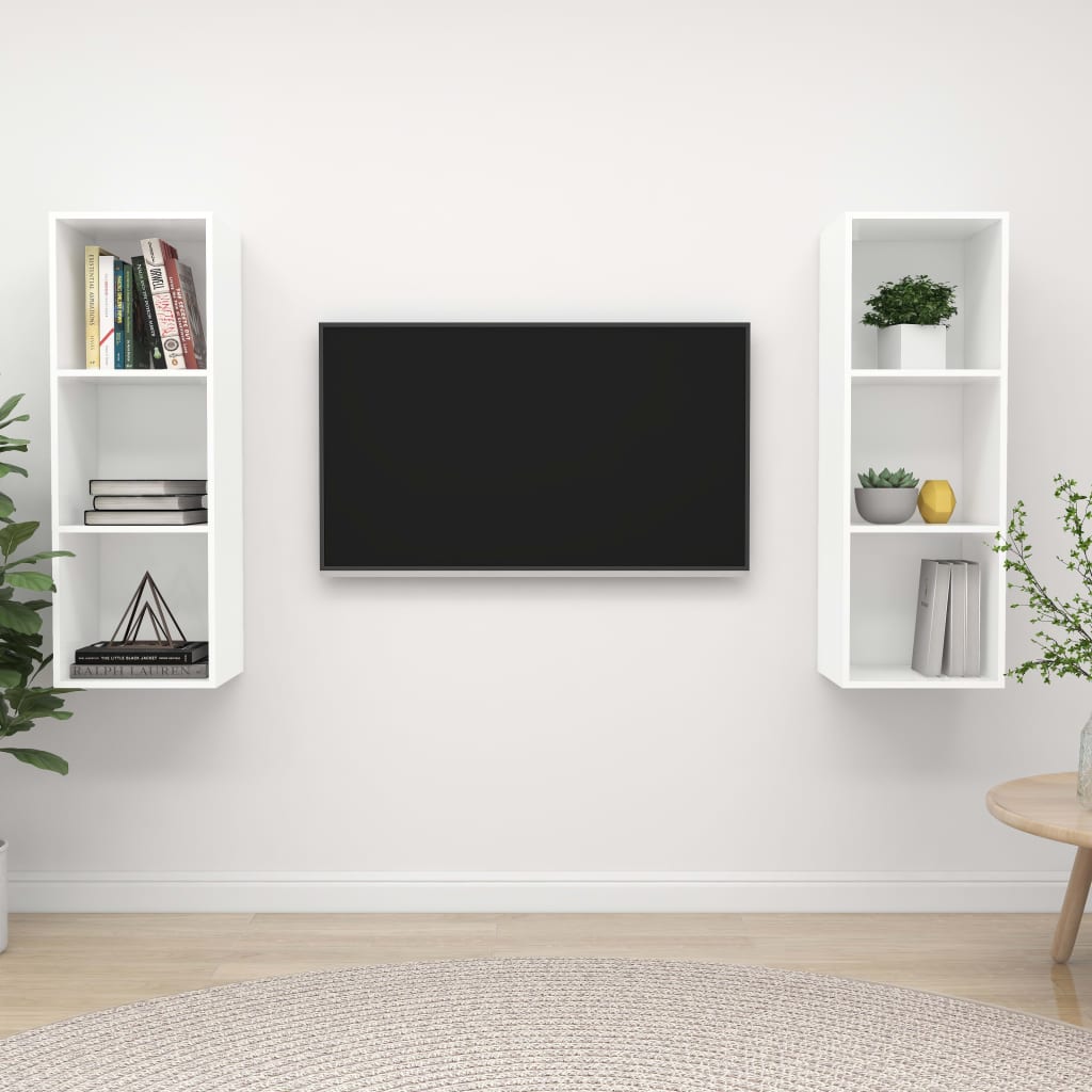 Dulapuri Tv Suspendate, 2 Buc., Alb Extralucios, Lemn Prelucrat