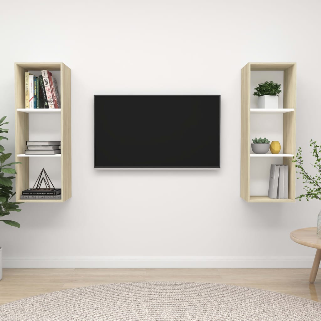 Dulapuri Tv Suspendate, 2 Buc., Alb Extralucios, Lemn Prelucrat