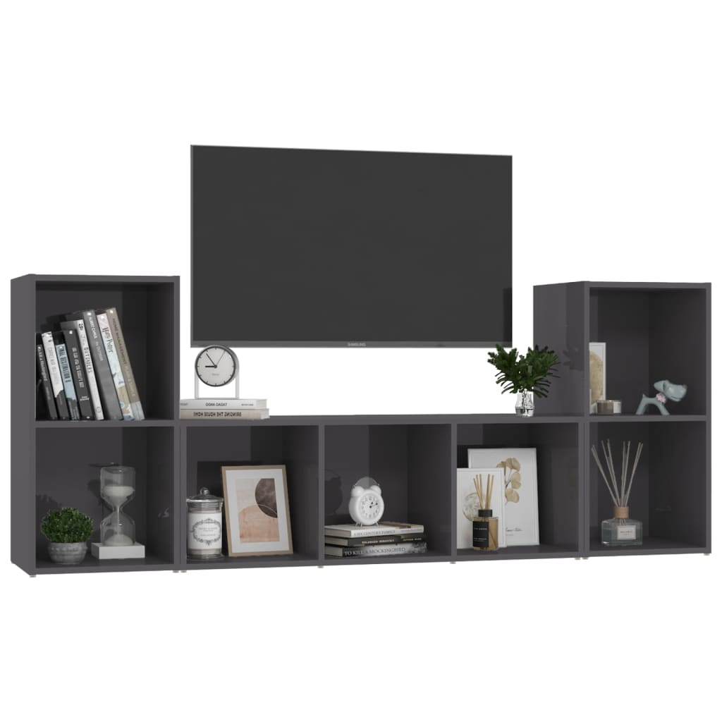 Set De Dulapuri Tv, 3 Piese, Gri Extralucios, Lemn Prelucrat