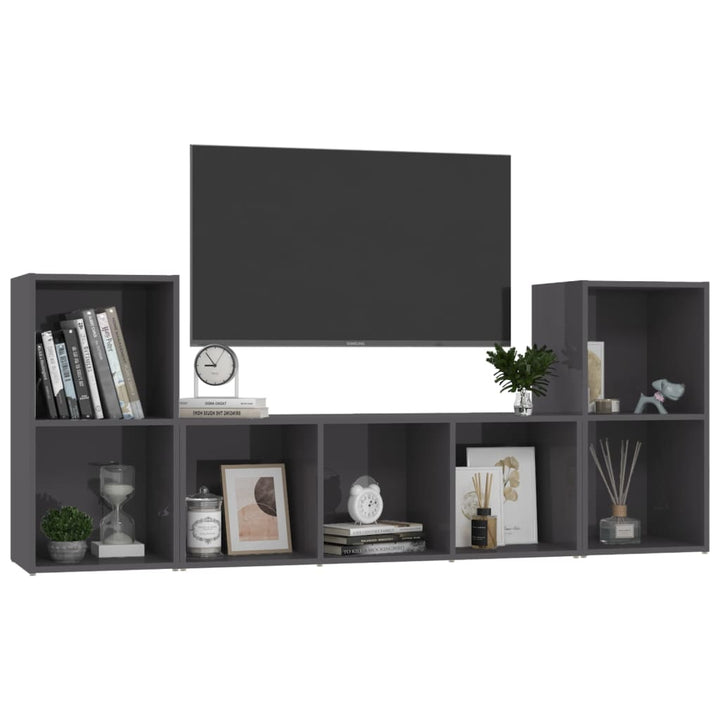 Set De Dulapuri Tv, 3 Piese, Gri Extralucios, Lemn Prelucrat