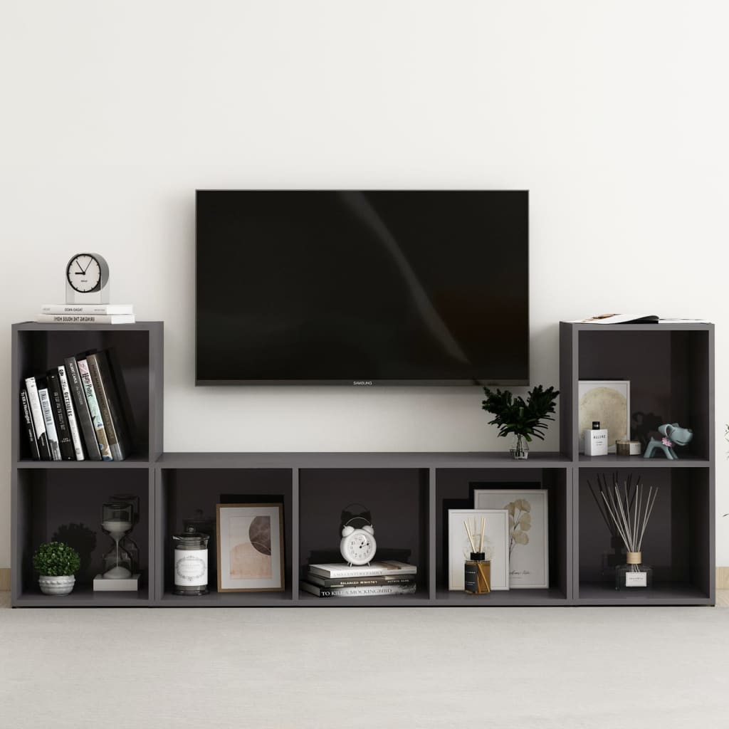 Set De Dulapuri Tv, 3 Piese, Gri Extralucios, Lemn Prelucrat