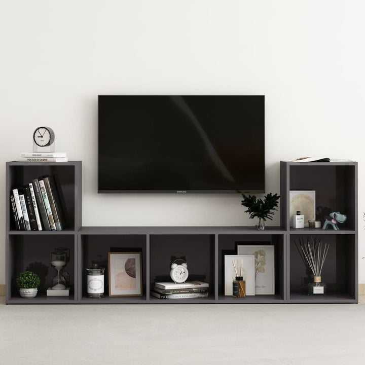 Set De Dulapuri Tv, 3 Piese, Gri Extralucios, Lemn Prelucrat