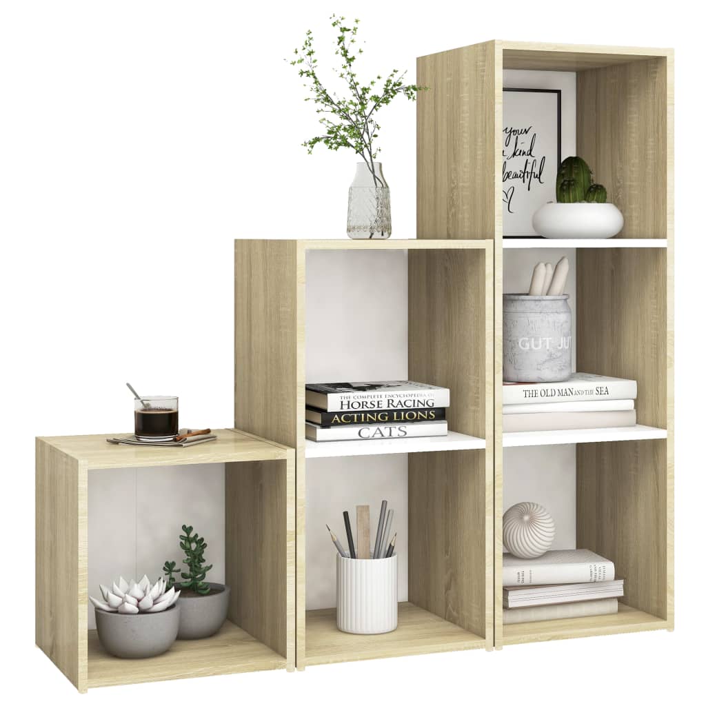 Set De Dulapuri Tv, 3 Piese, Alb/Stejar Sonoma, Lemn Prelucrat