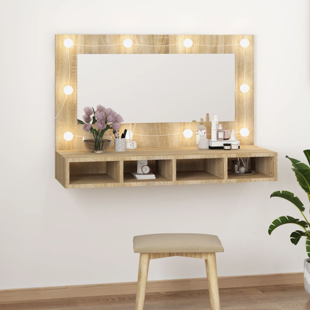 Dulap Cu Oglindă Și Led, Stejar Maro, 90X31,5X62 Cm