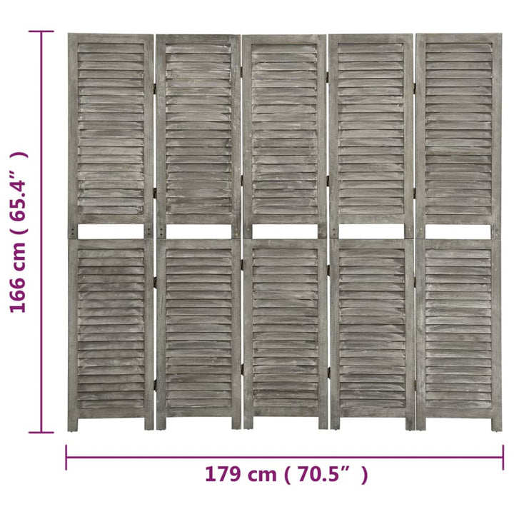 Separator Cameră Cu 5 Panouri, Gri, , Lemn Masiv