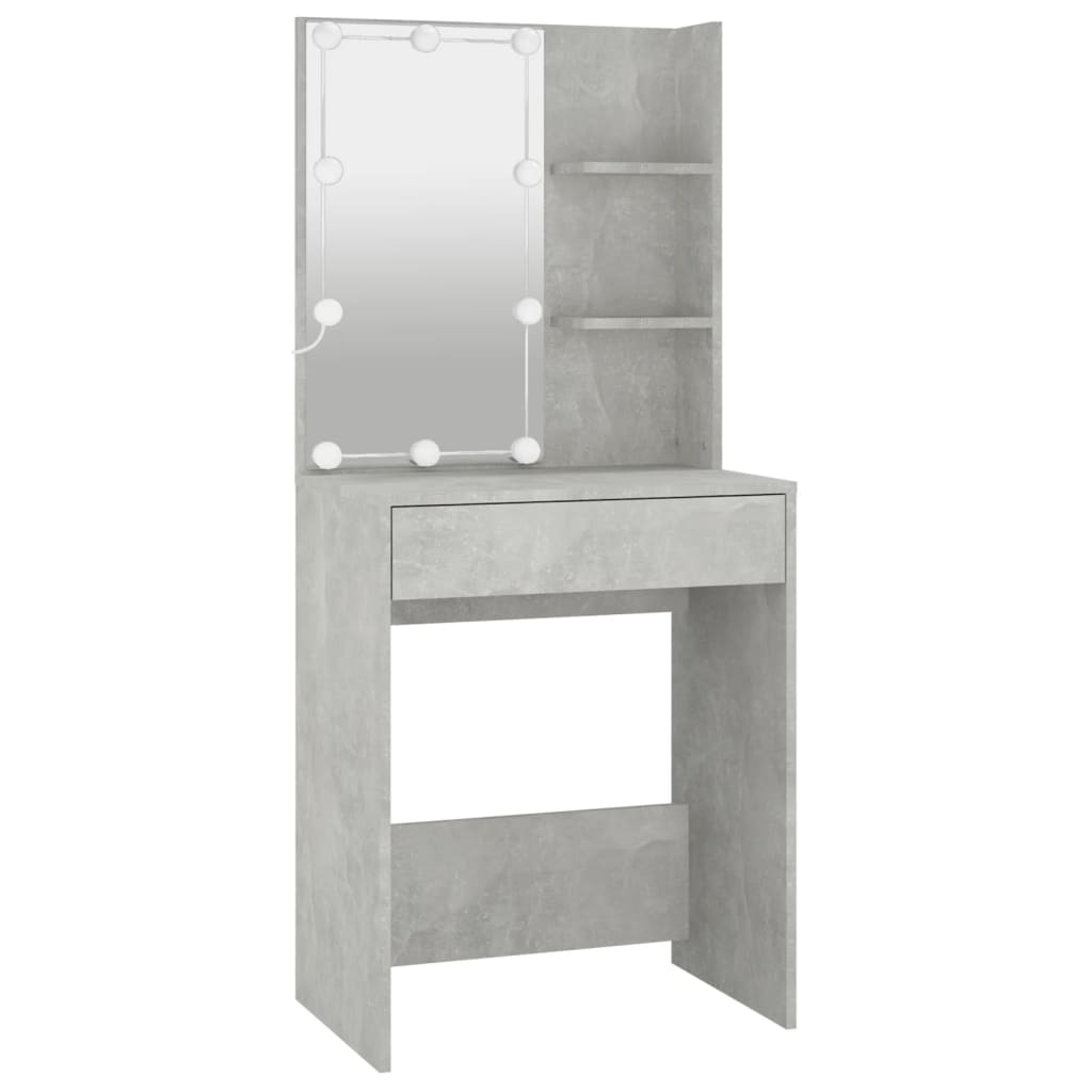 Măsuță De Toaletă Cu Led Și Dulap, Gri Beton, Lemn Prelucrat