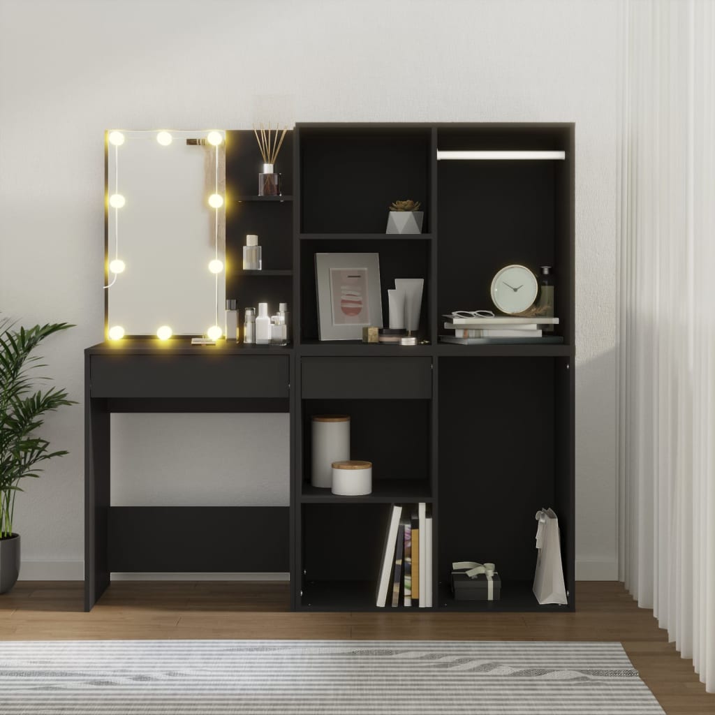 Masă De Toaletă Cu Led Și Dulapuri, Negru, Lemn Prelucrat