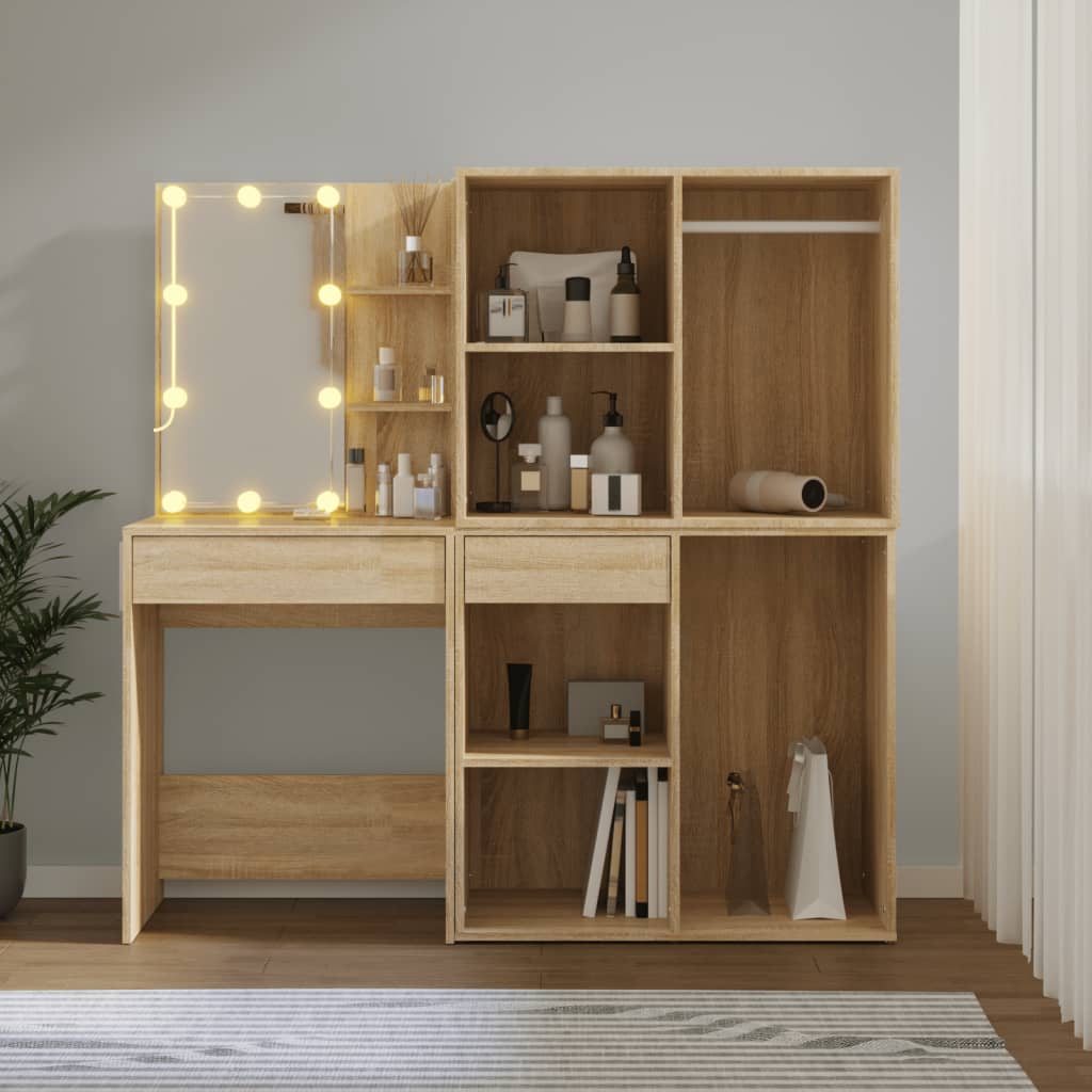 Masă Toaletă Cu Led/2 Dulapuri, Stejar Sonoma, Lemn Prelucrat