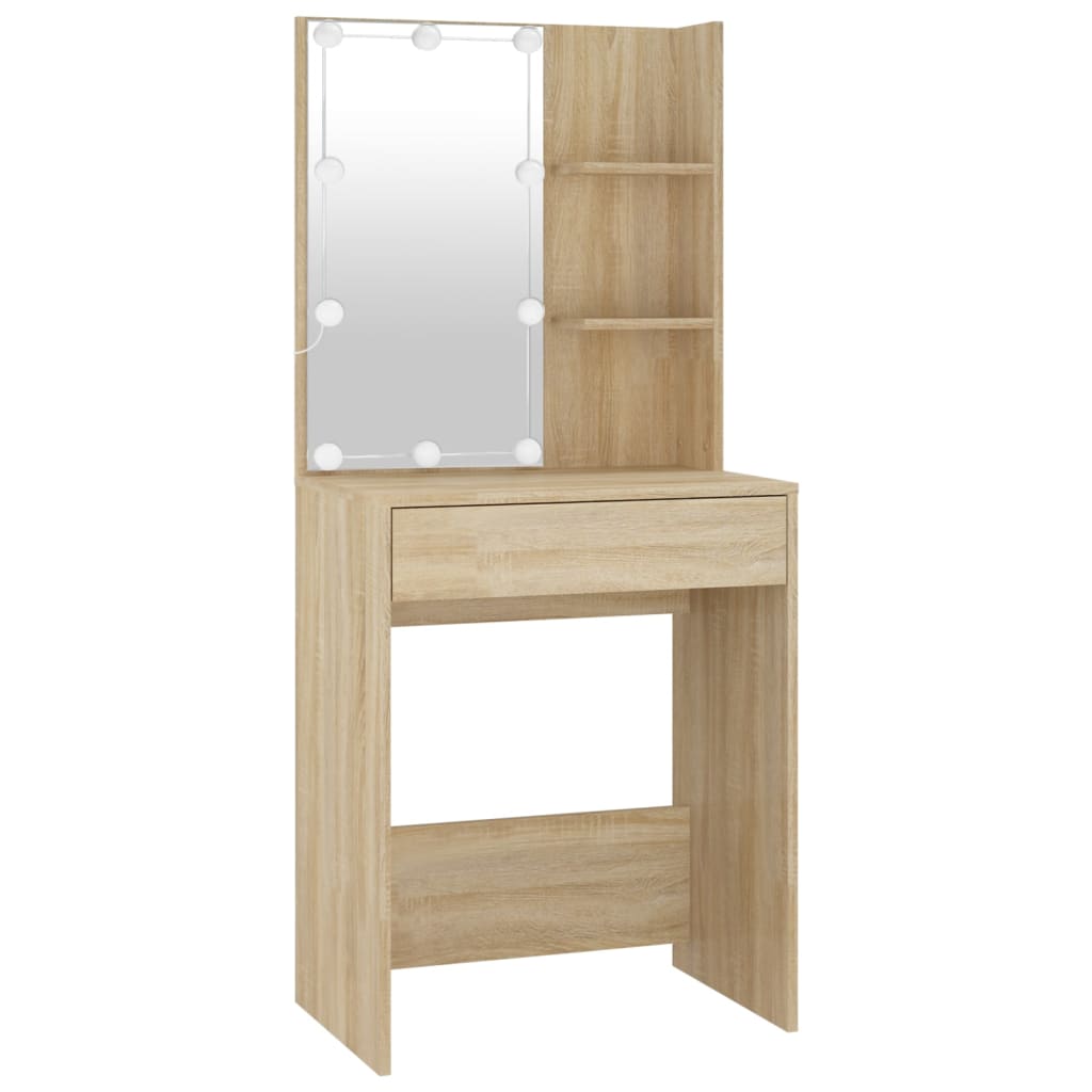 Masă Toaletă Cu Led/2 Dulapuri, Stejar Sonoma, Lemn Prelucrat