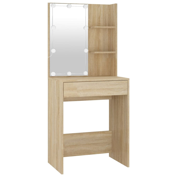 Masă Toaletă Cu Led/2 Dulapuri, Stejar Sonoma, Lemn Prelucrat