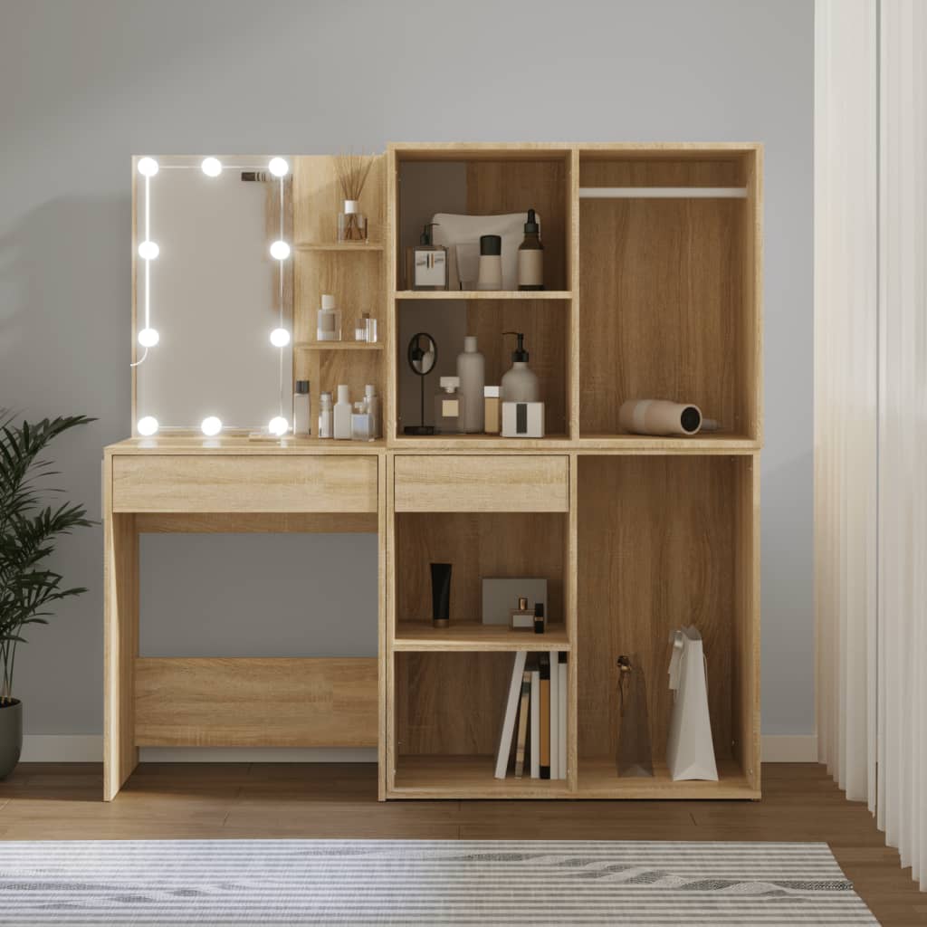 Masă Toaletă Cu Led/2 Dulapuri, Stejar Sonoma, Lemn Prelucrat