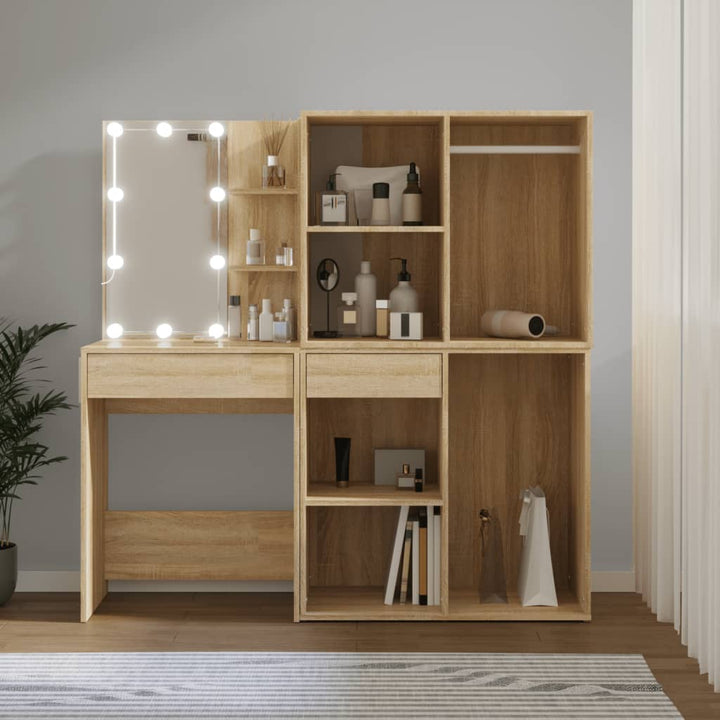 Masă Toaletă Cu Led/2 Dulapuri, Stejar Sonoma, Lemn Prelucrat