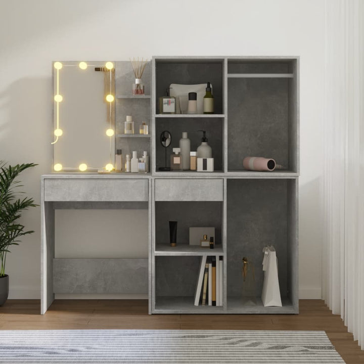 Masă Toaletă Cu Led/2 Dulapuri, Gri Concret, Lemn Prelucrat