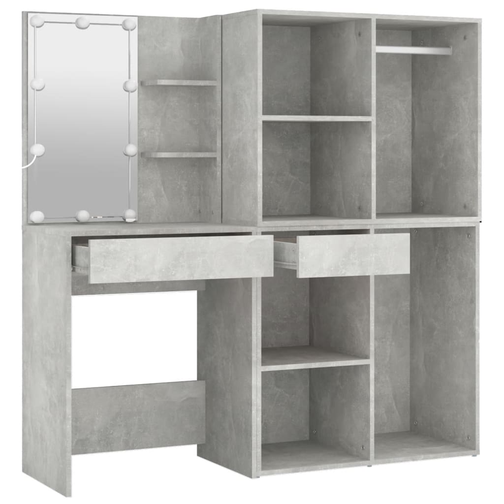Masă Toaletă Cu Led/2 Dulapuri, Gri Concret, Lemn Prelucrat
