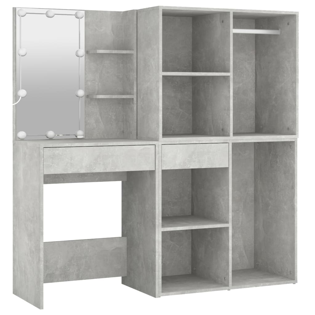 Masă Toaletă Cu Led/2 Dulapuri, Gri Concret, Lemn Prelucrat