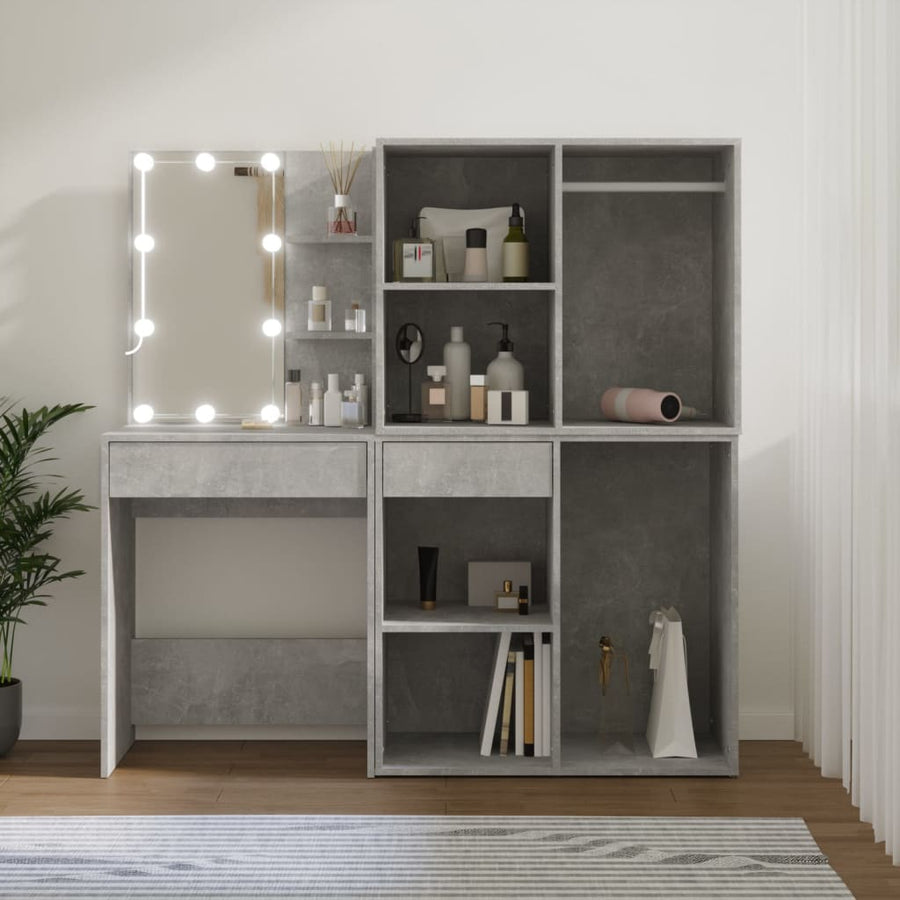 Masă Toaletă Cu Led/2 Dulapuri, Gri Concret, Lemn Prelucrat