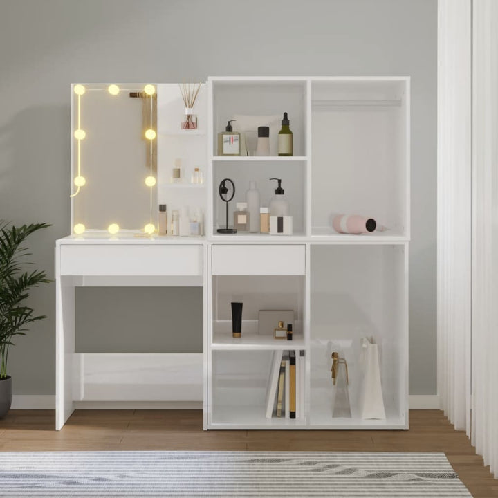 Masă Toaletă Cu Led/2 Dulapuri, Alb Extralucios, Lemn Prelucrat