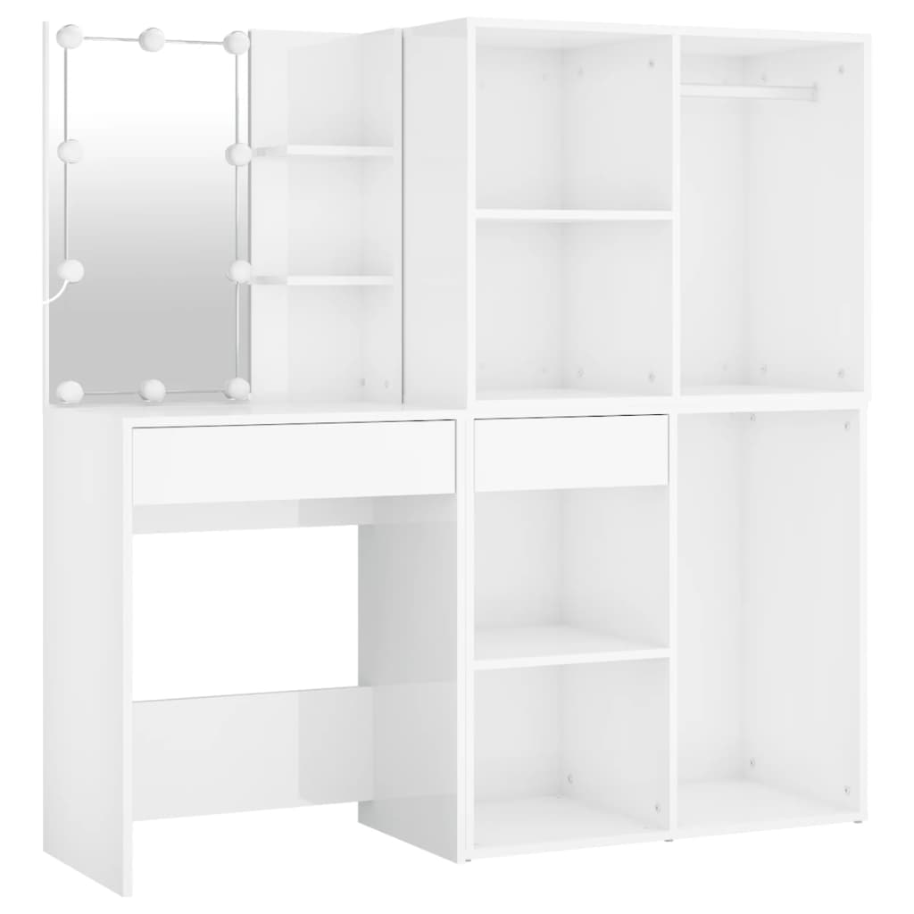 Masă Toaletă Cu Led/2 Dulapuri, Alb Extralucios, Lemn Prelucrat
