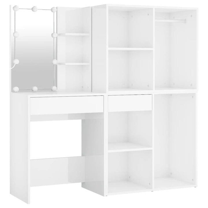 Masă Toaletă Cu Led/2 Dulapuri, Alb Extralucios, Lemn Prelucrat