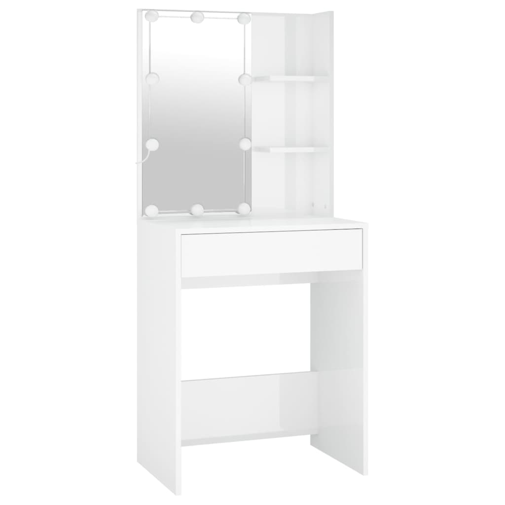 Masă Toaletă Cu Led/2 Dulapuri, Alb Extralucios, Lemn Prelucrat