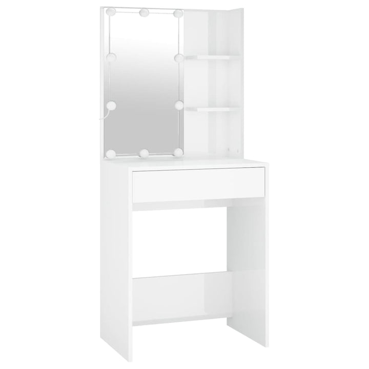 Masă Toaletă Cu Led/2 Dulapuri, Alb Extralucios, Lemn Prelucrat