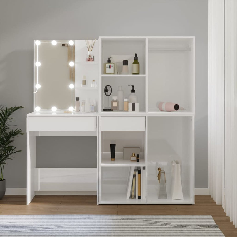 Masă Toaletă Cu Led/2 Dulapuri, Alb Extralucios, Lemn Prelucrat