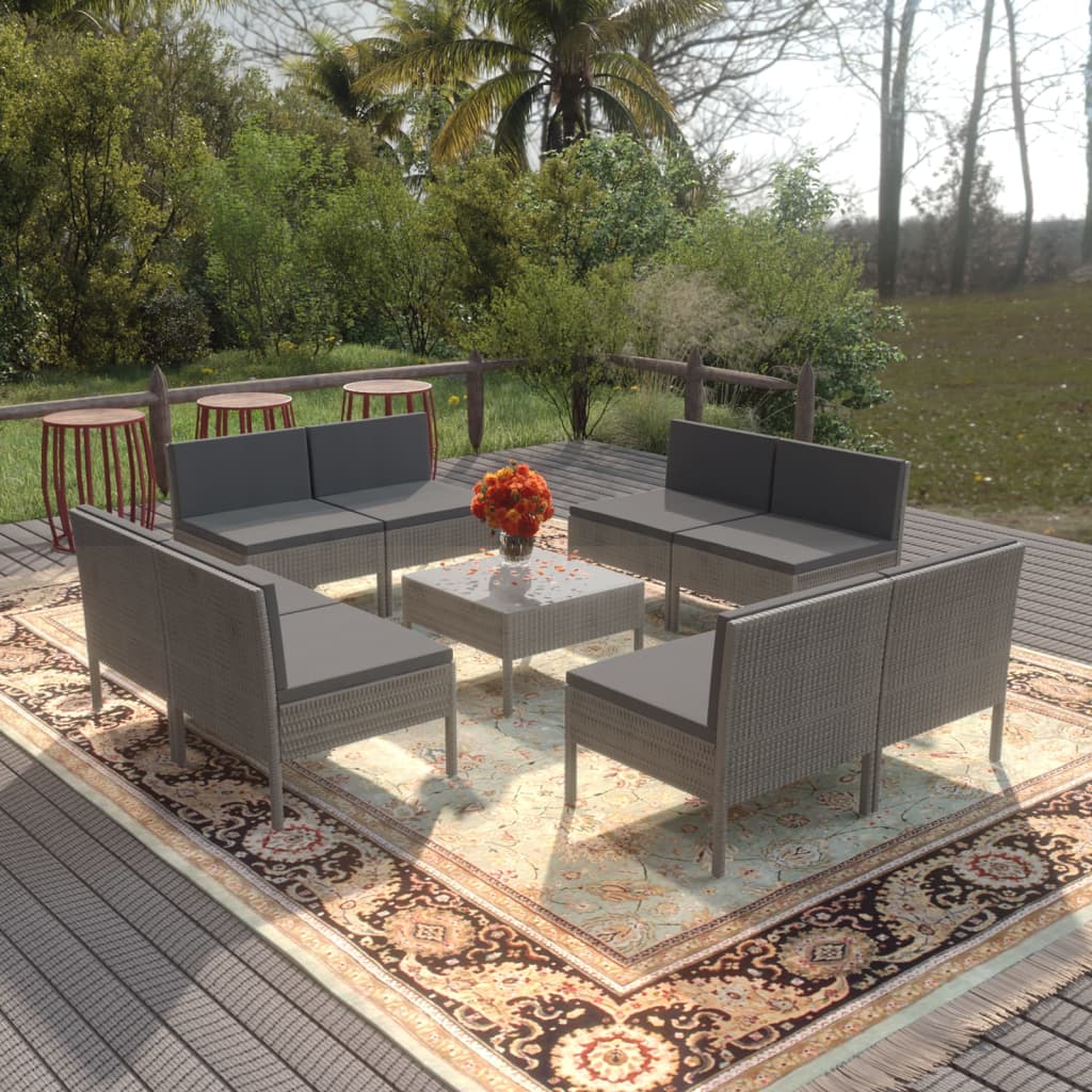 Set Mobilier De Grădină Cu Perne, 11 Piese, Gri, Poliratan