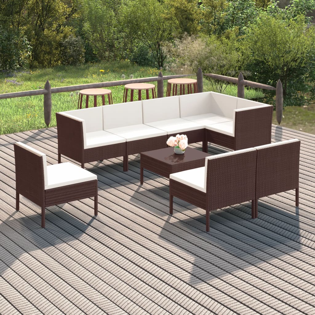 Set Mobilier De Grădină Cu Perne, 8 Piese, Maro, Poliratan