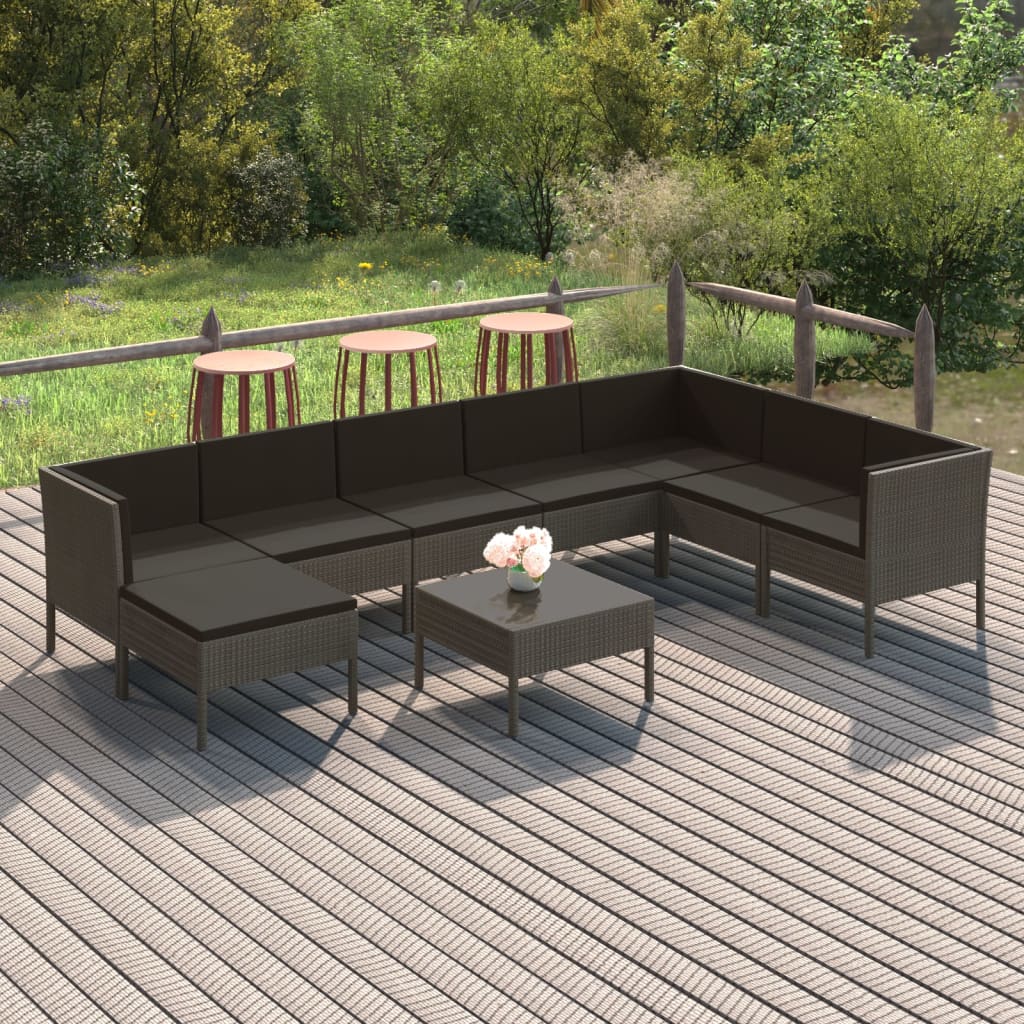 Set Mobilier De Grădină Cu Perne, 10 Piese, Gri, Poliratan