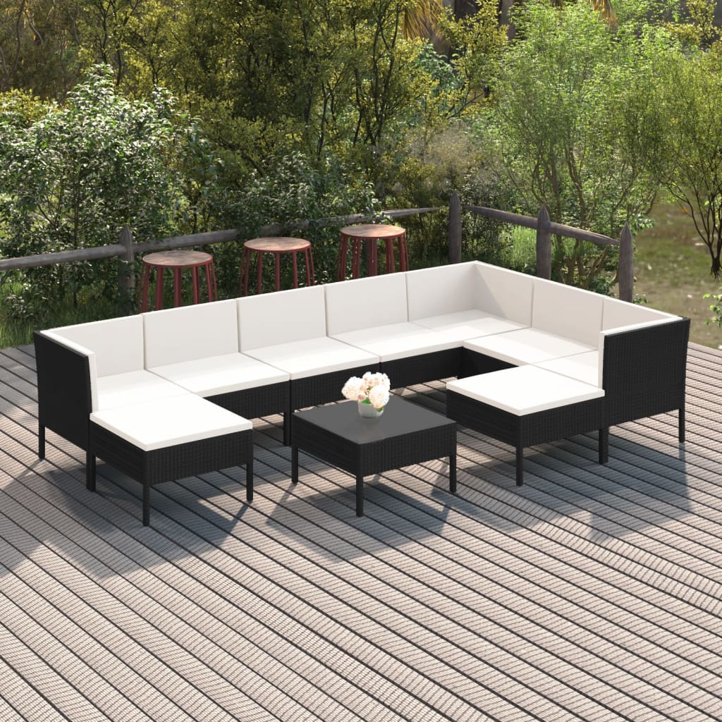 Set Mobilier De Grădină Cu Perne, 9 Piese, Negru, Poliratan