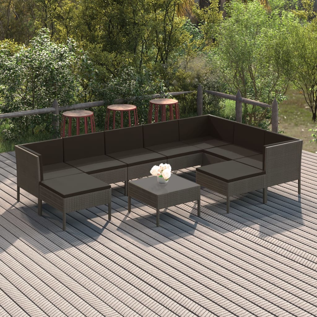 Set Mobilier De Grădină Cu Perne, 10 Piese, Gri, Poliratan