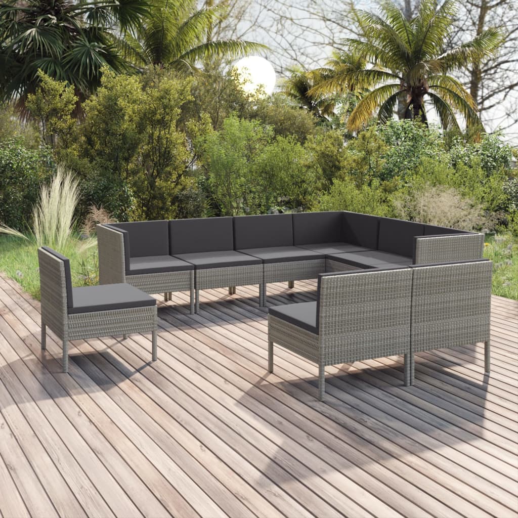 Set Mobilier De Grădină Cu Perne, 11 Piese, Gri, Poliratan