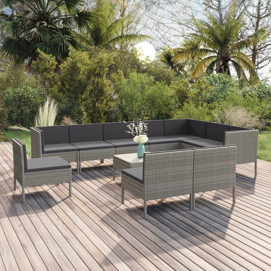 Set Mobilier De Grădină Cu Perne, 11 Piese, Gri, Poliratan