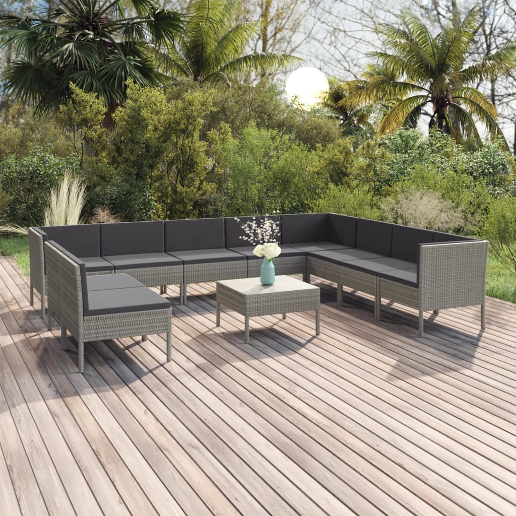 Set Mobilier De Grădină Cu Perne, 11 Piese, Gri, Poliratan