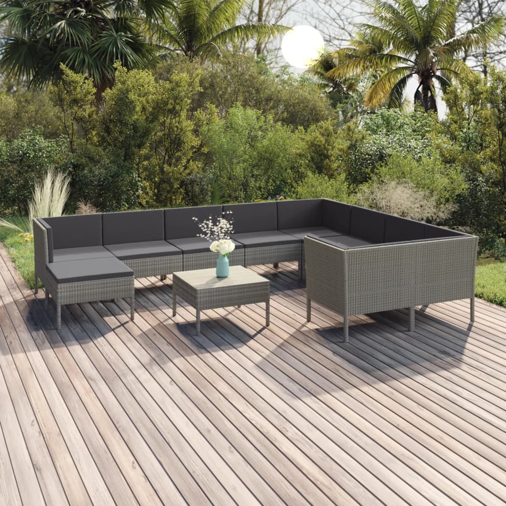 Set Mobilier De Grădină Cu Perne, 11 Piese, Gri, Poliratan