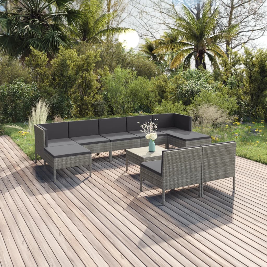 Set Mobilier De Grădină Cu Perne, 10 Piese, Gri, Poliratan