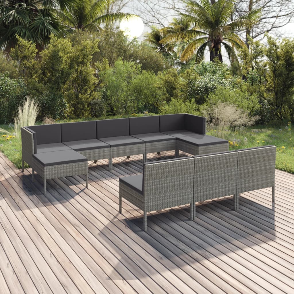 Set Mobilier De Grădină Cu Perne, 10 Piese, Gri, Poliratan