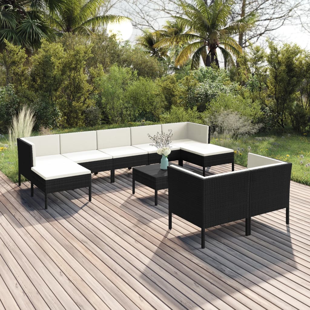 Set Mobilier De Grădină Cu Perne, 9 Piese, Negru, Poliratan