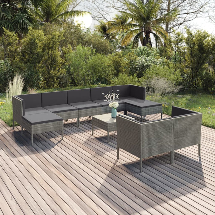 Set Mobilier De Grădină Cu Perne, 10 Piese, Gri, Poliratan