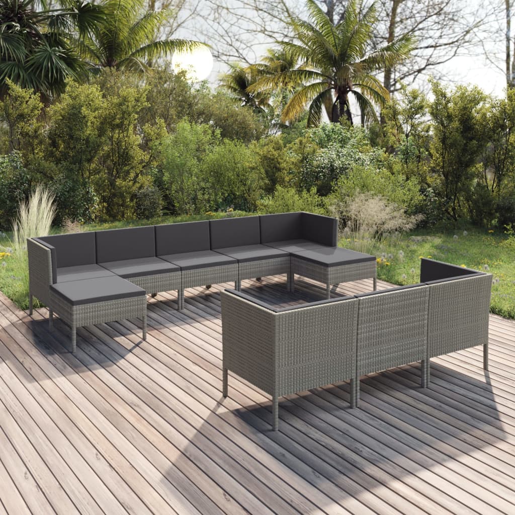 Set Mobilier De Grădină Cu Perne, 10 Piese, Gri, Poliratan