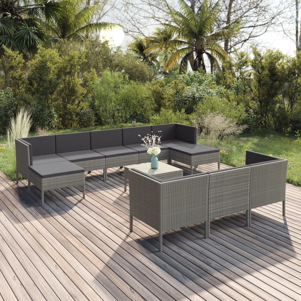 Set Mobilier De Grădină Cu Perne, 10 Piese, Gri, Poliratan