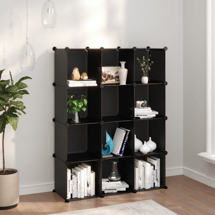 Organizator Cub De Depozitare Cu Uși, 12 Cuburi, Negru, Pp