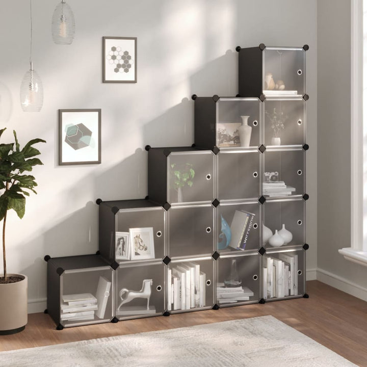 Organizator Cub De Depozitare Cu Uși, 12 Cuburi, Negru, Pp