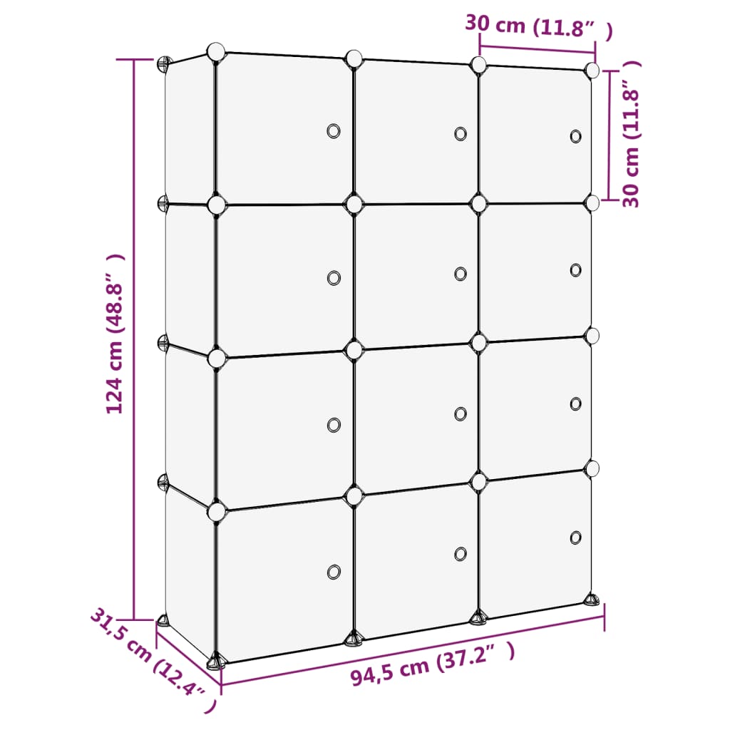 Organizator Cub De Depozitare Cu Uși, 12 Cuburi, Negru, Pp