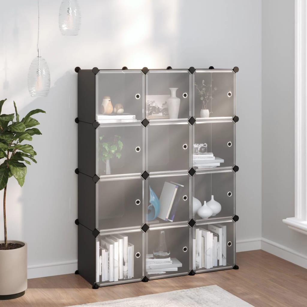 Organizator Cub De Depozitare Cu Uși, 12 Cuburi, Negru, Pp