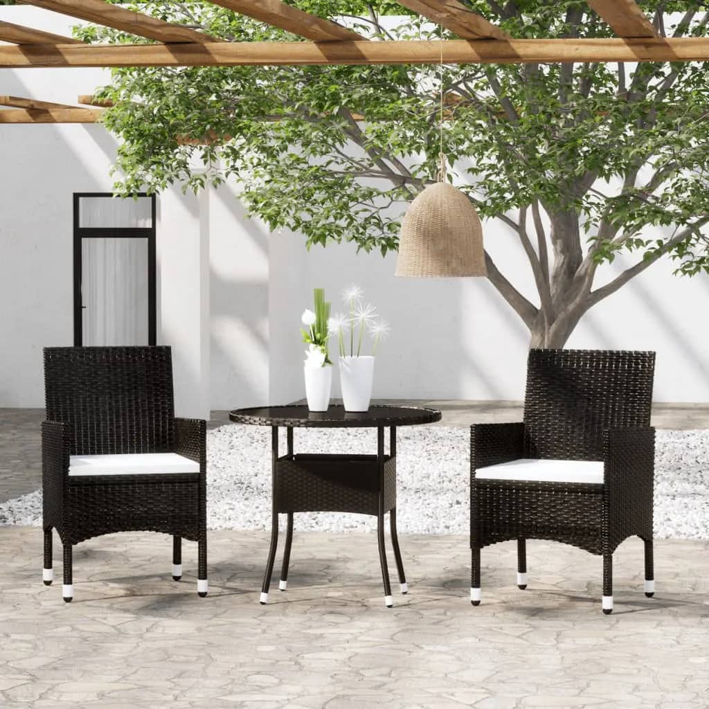 Set Mobilier Bistro Grădină 3 Piese Negru Poliratan Și Sticlă