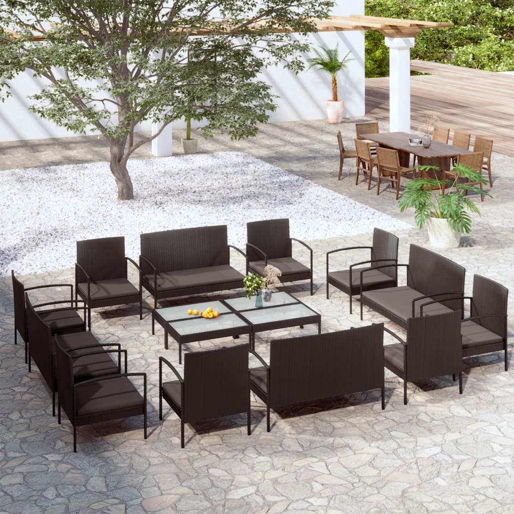 Set Mobilier De Grădină Cu Perne, 16 Piese, Negru, Poliratan