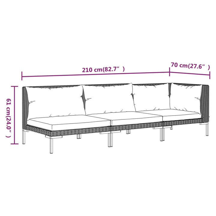 Set Mobilier Grădină 3 Piese, Gri Închis, Poliratan Semi-Rotund