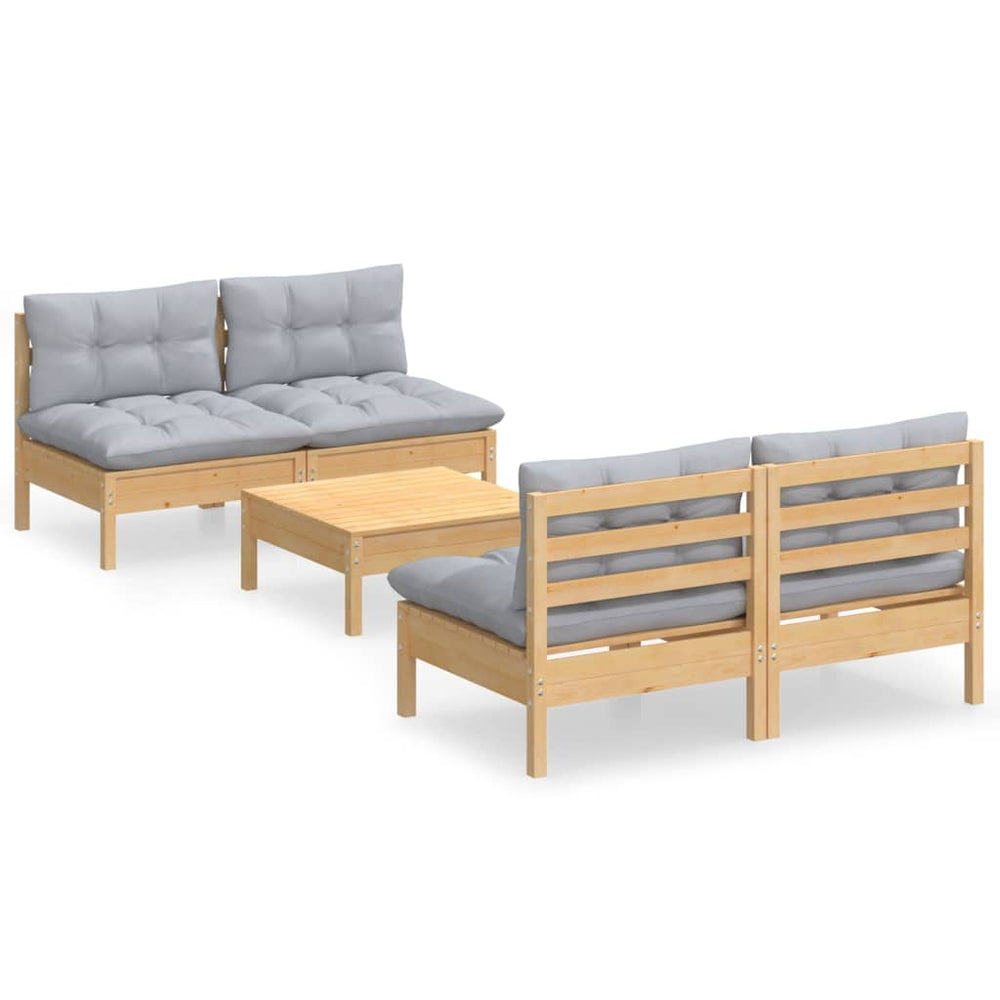 Set Mobilier Grădină Cu Perne Gri, 5 Piese, Lemn Masiv De Pin